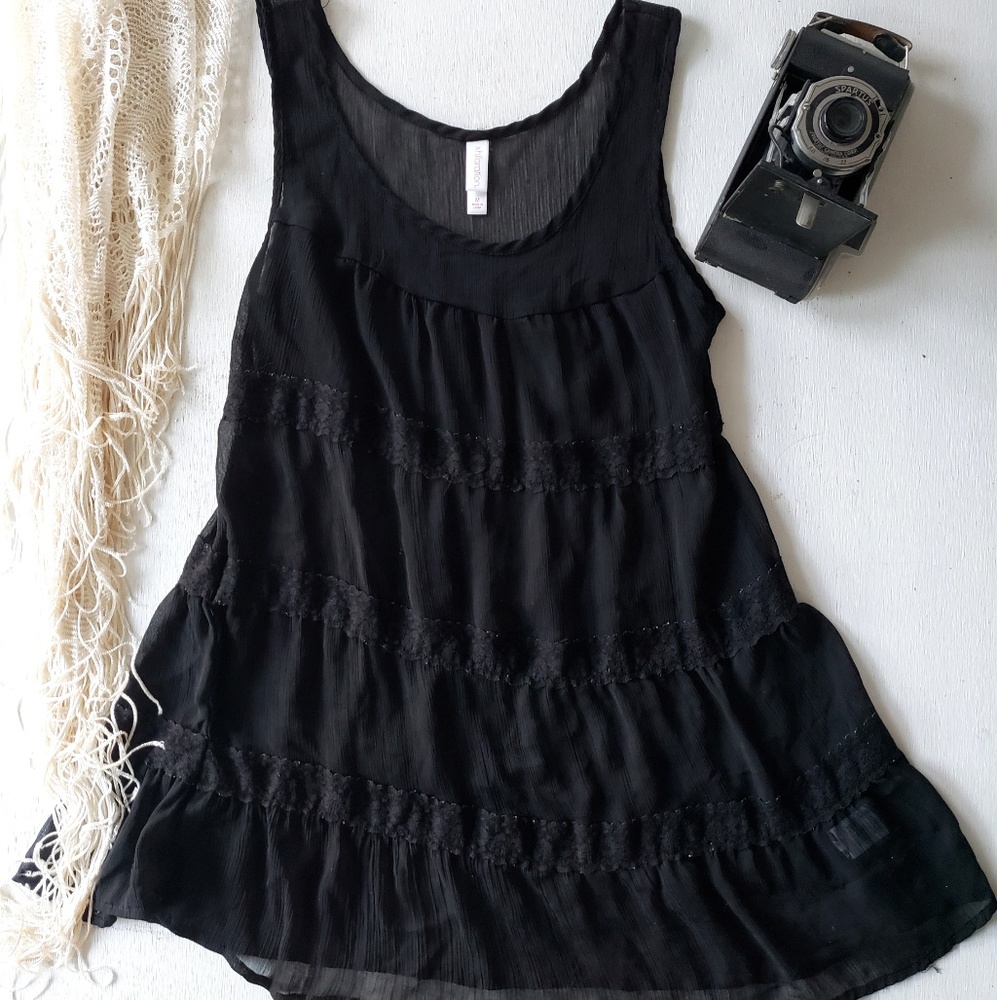 Black lace sheer swing tunic tank top small boho